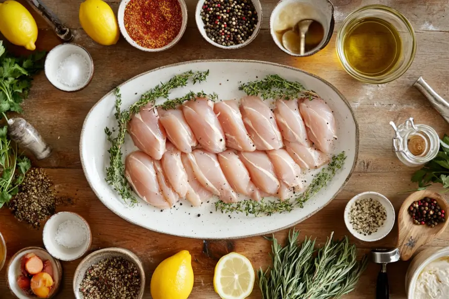 Ingredients for a thin chicken breast recipe, including fresh herbs, olive oil, and seasonings