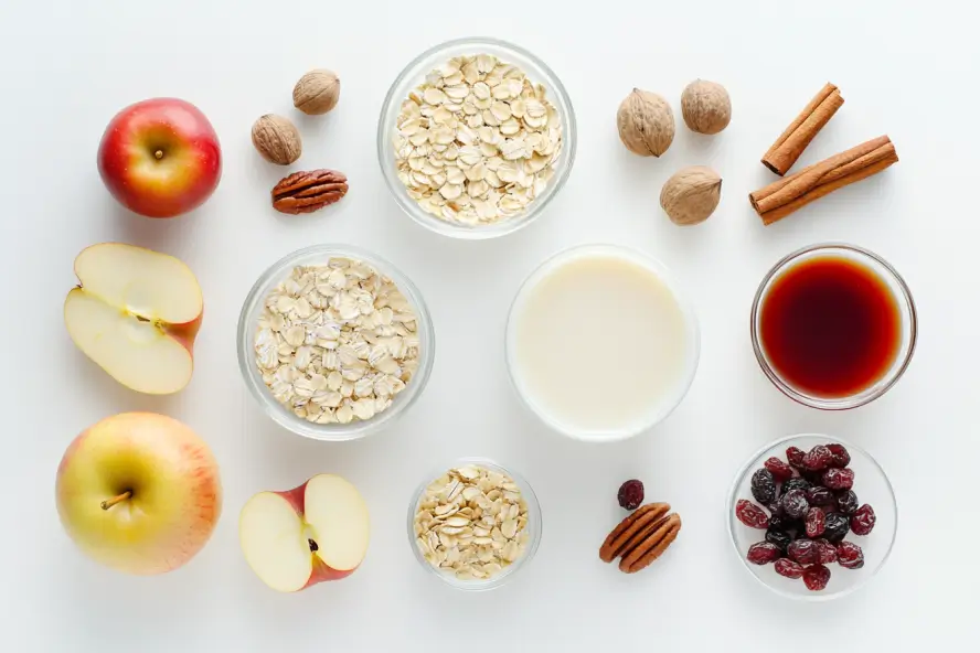 "Ingredients for Easy Apple Breakfast Recipe: apples, oats, cinnamon, honey, and almond butter."
