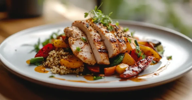 Grilled thin chicken breast with fresh herbs and a side of greens
