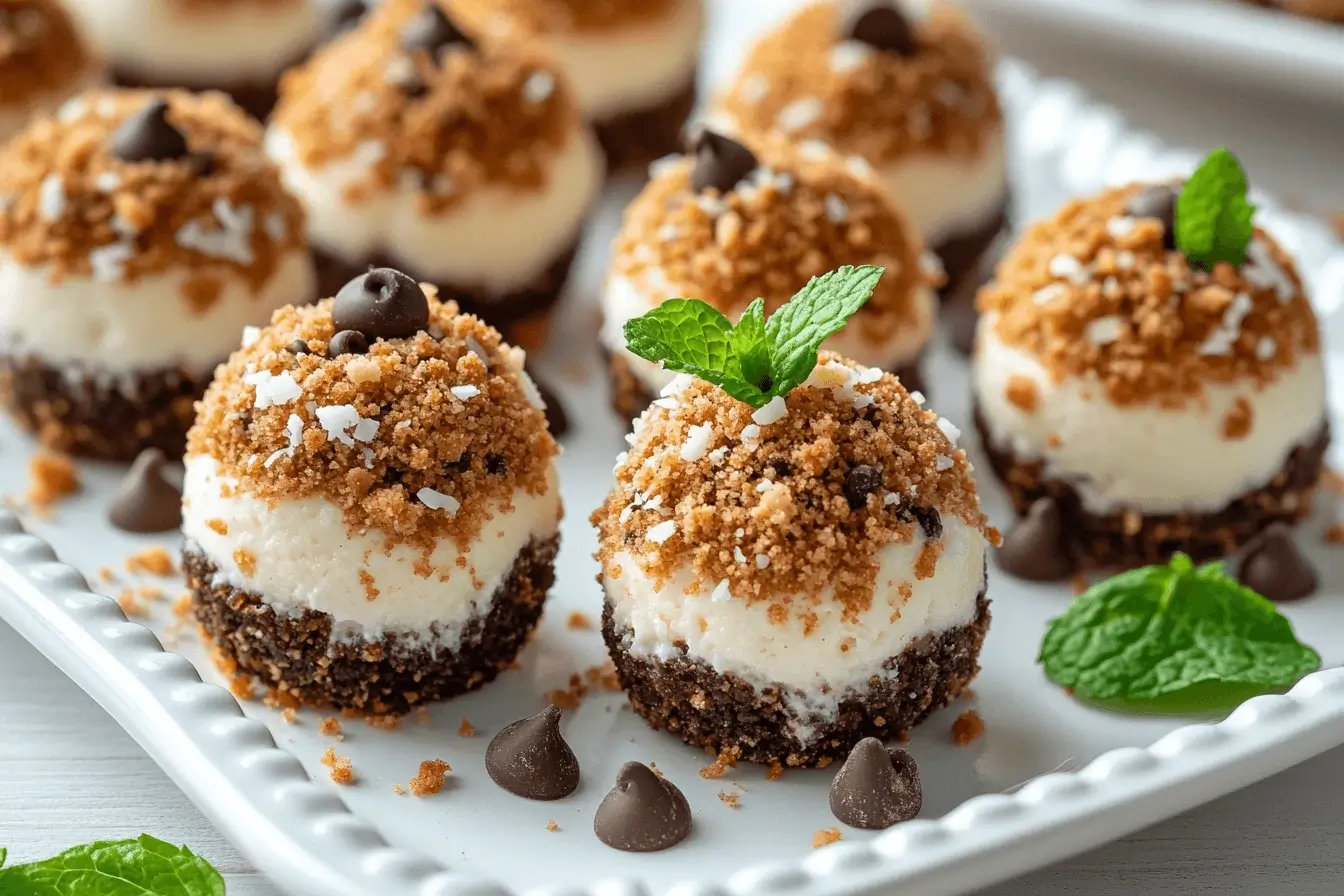 "These delicious cheesecake balls are a perfect blend of creamy cheesecake filling and a crunchy nut topping. Served on a bed of shredded coconut and garnished with fresh mint leaves, they make for an elegant and easy-to-prepare dessert. Ideal for parties, gatherings, or a quick sweet craving!"