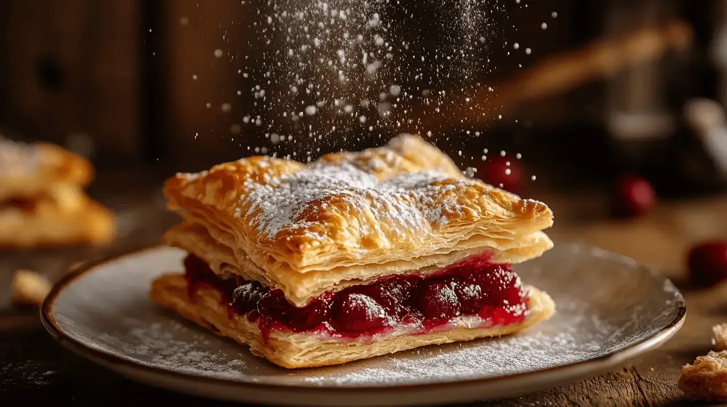A square cherry puff pastry dessert being dusted with powdered sugar, with flaky layers and a rich cherry filling.