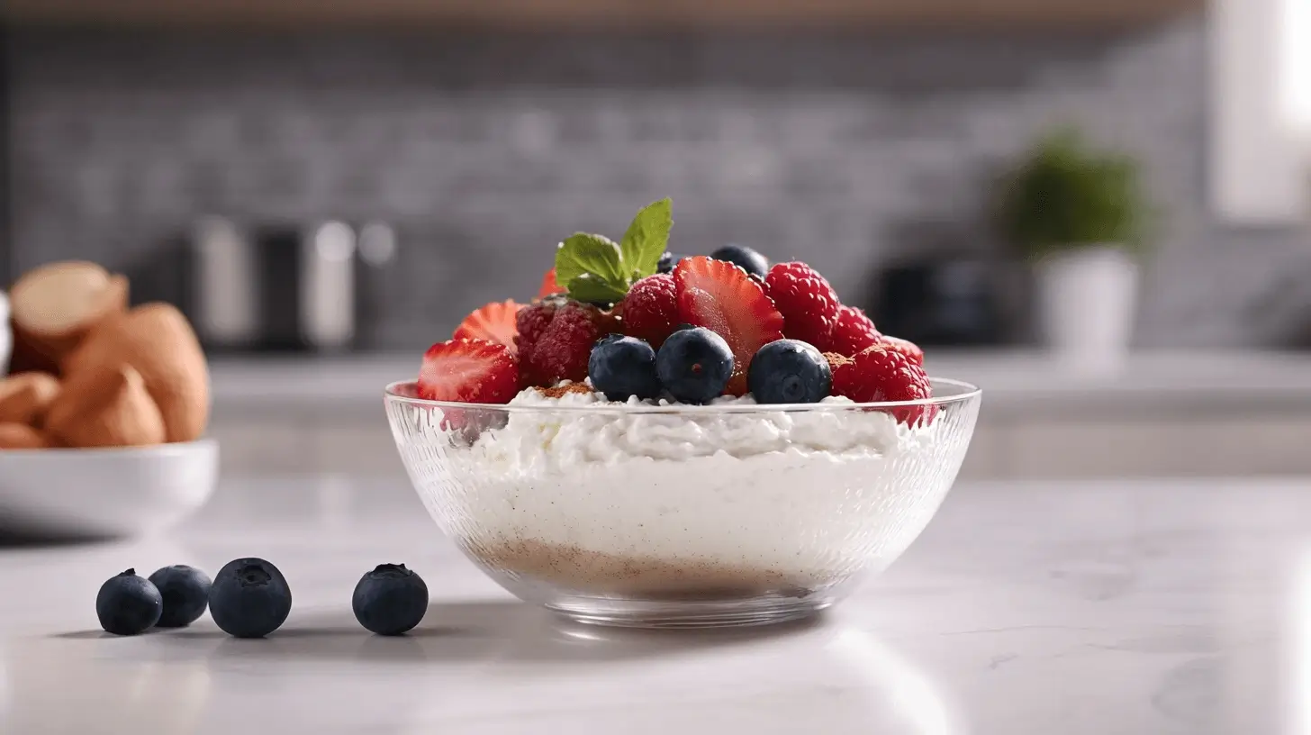 A glass bowl filled with cottage cheese and topped with fresh berries like strawberries, blueberries, and raspberries, garnished with a mint leaf.