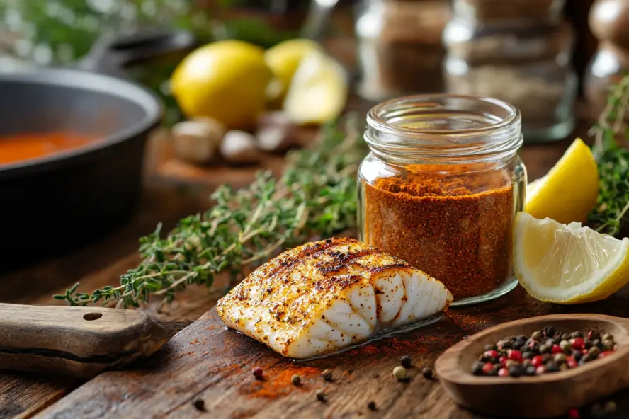 A rustic kitchen setting featuring a seasoned fish fillet alongside a jar of Hillbilly fish seasoning, fresh lemon wedges, and aromatic herbs.