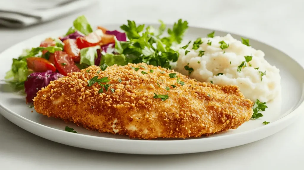 Baked chicken cutlet with mashed potatoes and salad on a white plate.