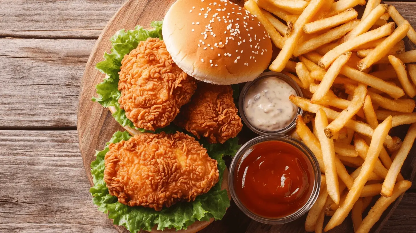 A delicious plate of crispy fried chicken sliders served with a side of golden fries and two dipping sauces on a wooden platter