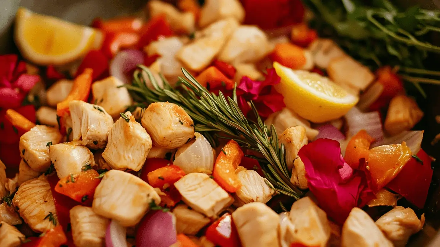Tender diced chicken pieces cooked with vibrant vegetables, garnished with rosemary and lemon for a wholesome and flavorful recipe.
