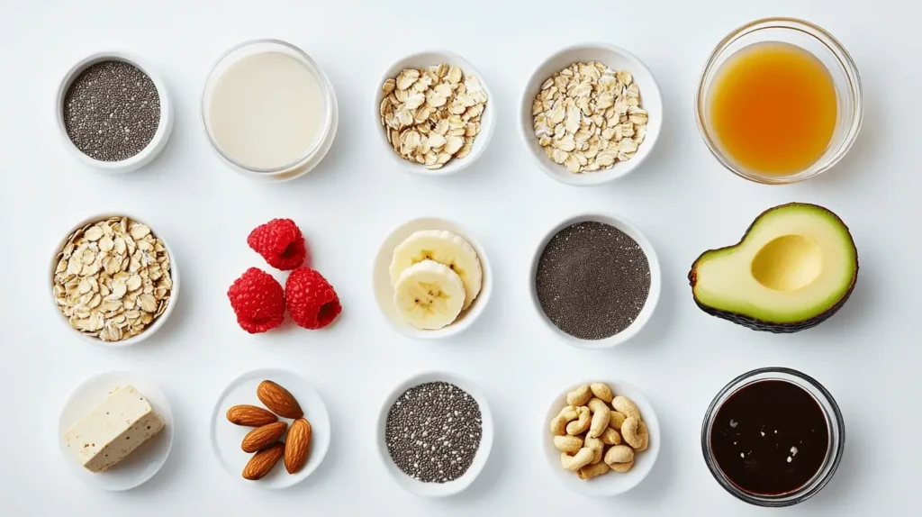 A variety of vegan breakfast ingredients including oats, chia seeds, avocado, banana, raspberries, nuts, tofu, and plant-based milk, arranged in small bowls on a white background.