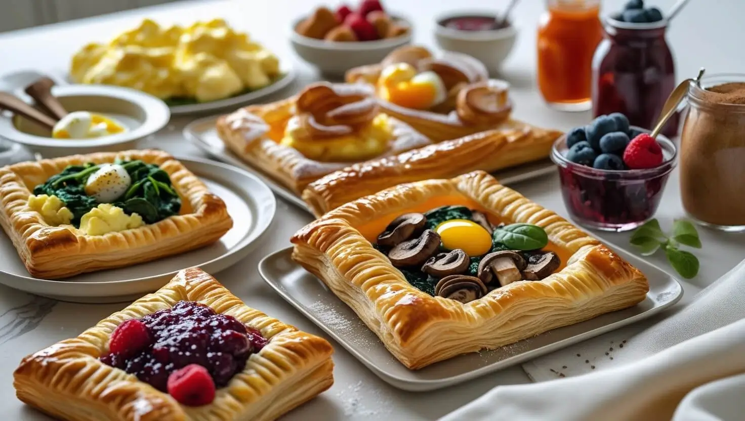A variety of puff pastry breakfast squares with different toppings, including spinach, mushrooms, eggs, and mixed berries.