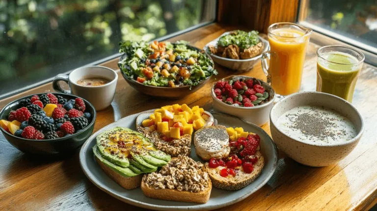 A variety of vegan breakfast options, including fruit bowls, avocado toast, smoothies, chia pudding, and leafy green salad, laid out on a wooden table near a window.