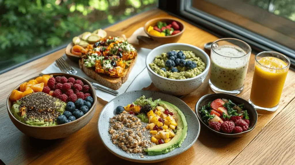 A colorful vegan breakfast spread on a wooden table by a window, featuring various fruit bowls, chia seeds, avocado, and smoothies.