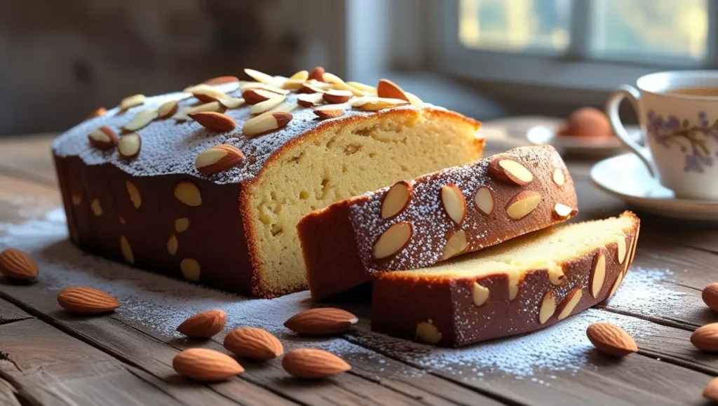 Almond nut cake with sliced almonds and a golden-brown crust
