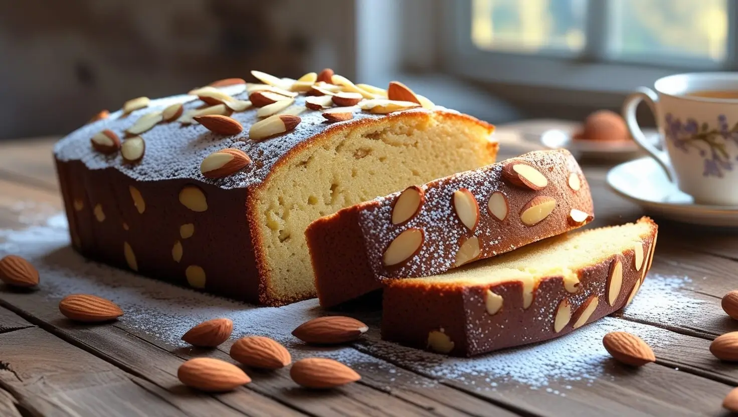 Almond nut cake with sliced almonds and a golden-brown crust