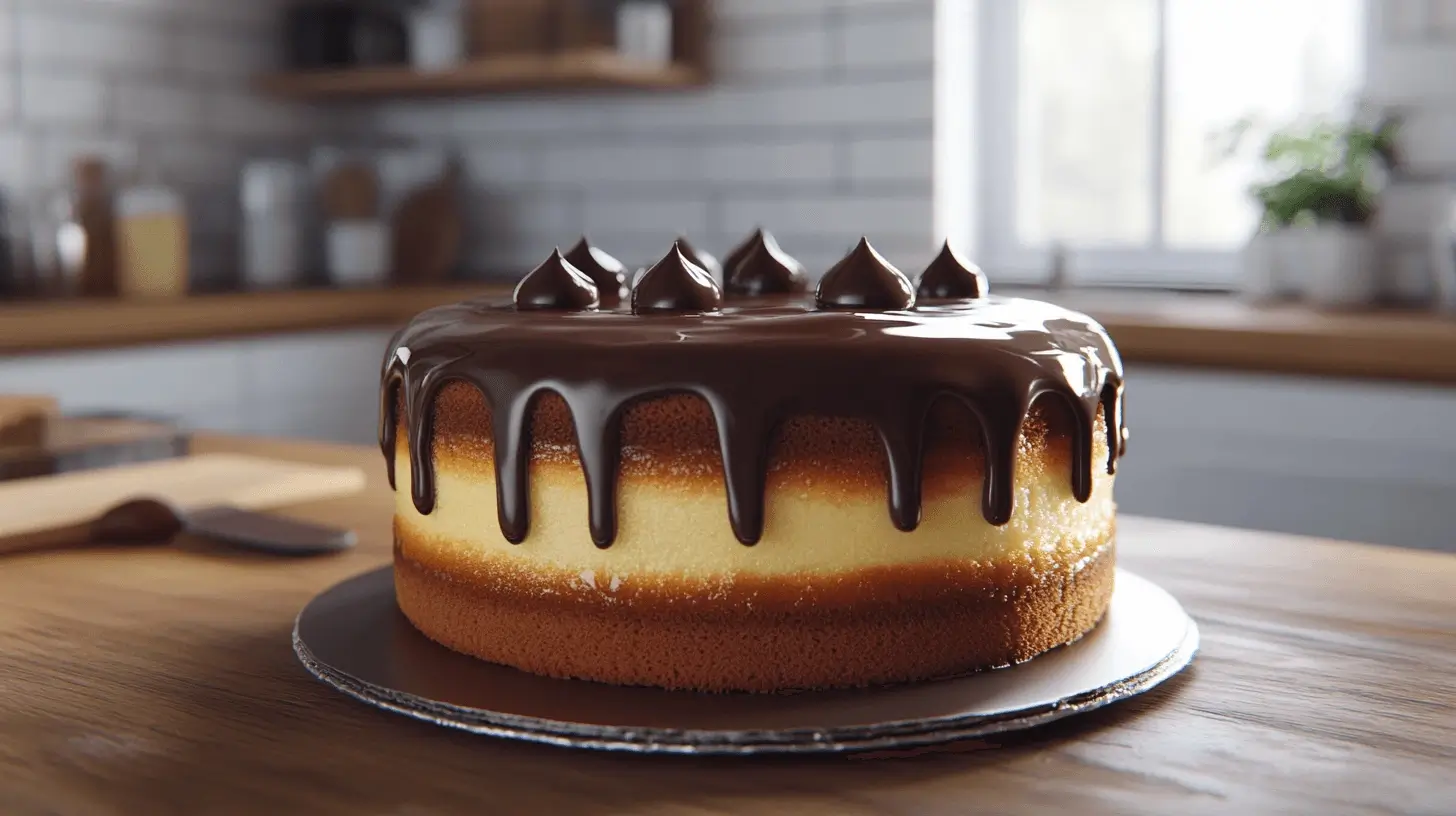 Delicious homemade Boston Cream Cake with layers of soft sponge cake, rich custard filling, and glossy chocolate ganache topping.
