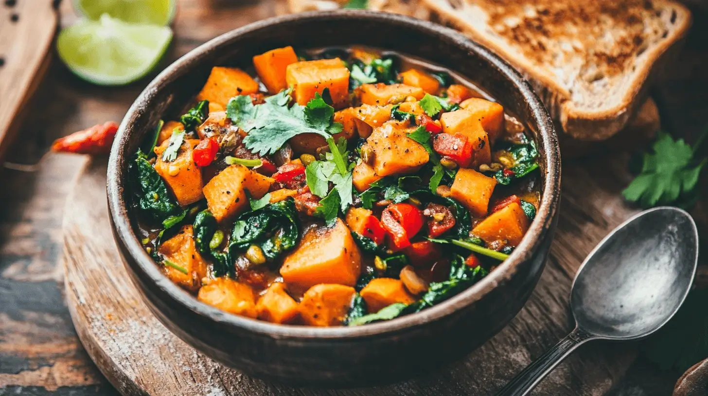 A bowl of vibrant healthy breakfast curry filled with sweet potatoes, spinach, red bell peppers, and garnished with fresh cilantro.