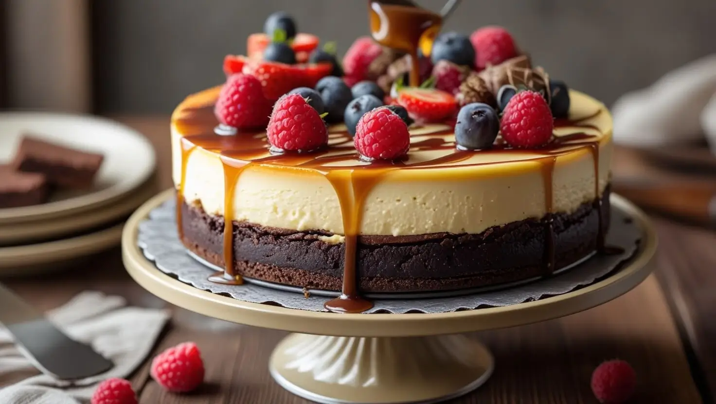 Delicious homemade brownie cheesecake recipe with rich layers of chocolate and creamy cheesecake.