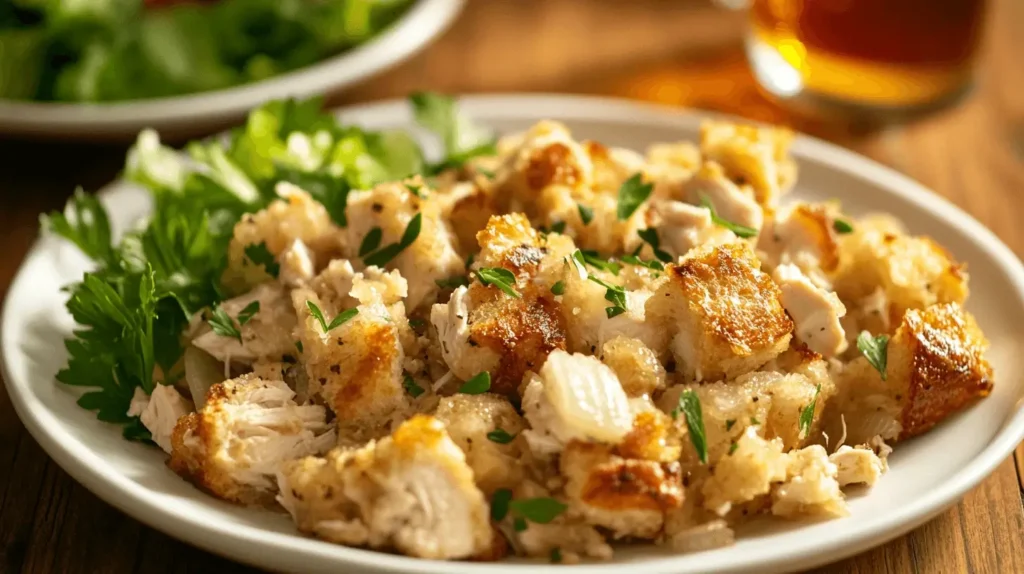 A plate of chicken dressing made with seasoned bread cubes and shredded chicken, garnished with fresh parsley.