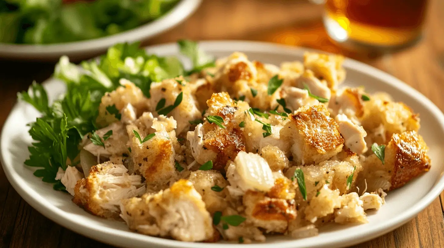 A plate of chicken dressing made with seasoned bread cubes and shredded chicken, garnished with fresh parsley.