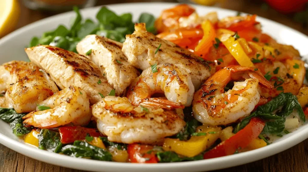 Grilled chicken and shrimp served with sautéed vegetables including bell peppers and spinach on a white plate.