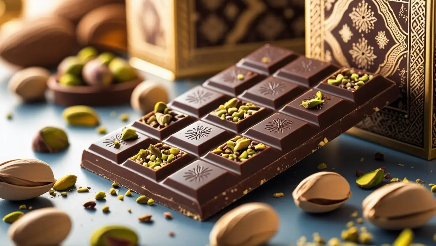Luxurious Dubai chocolate bars infused with Middle Eastern spices and nuts, beautifully displayed with decadent toppings and exotic garnishes.