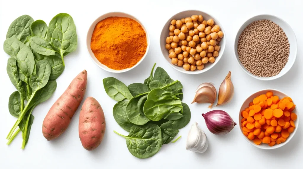 Various ingredients for a healthy breakfast curry, including lentils, chickpeas, diced sweet potatoes, spinach, bell peppers, and cauliflower, arranged in small bowls on a white background.