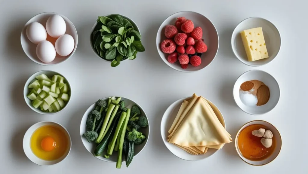 Assortment of ingredients for puff pastry breakfast, including eggs, spinach, raspberries, cheese, vegetables, and seasonings.