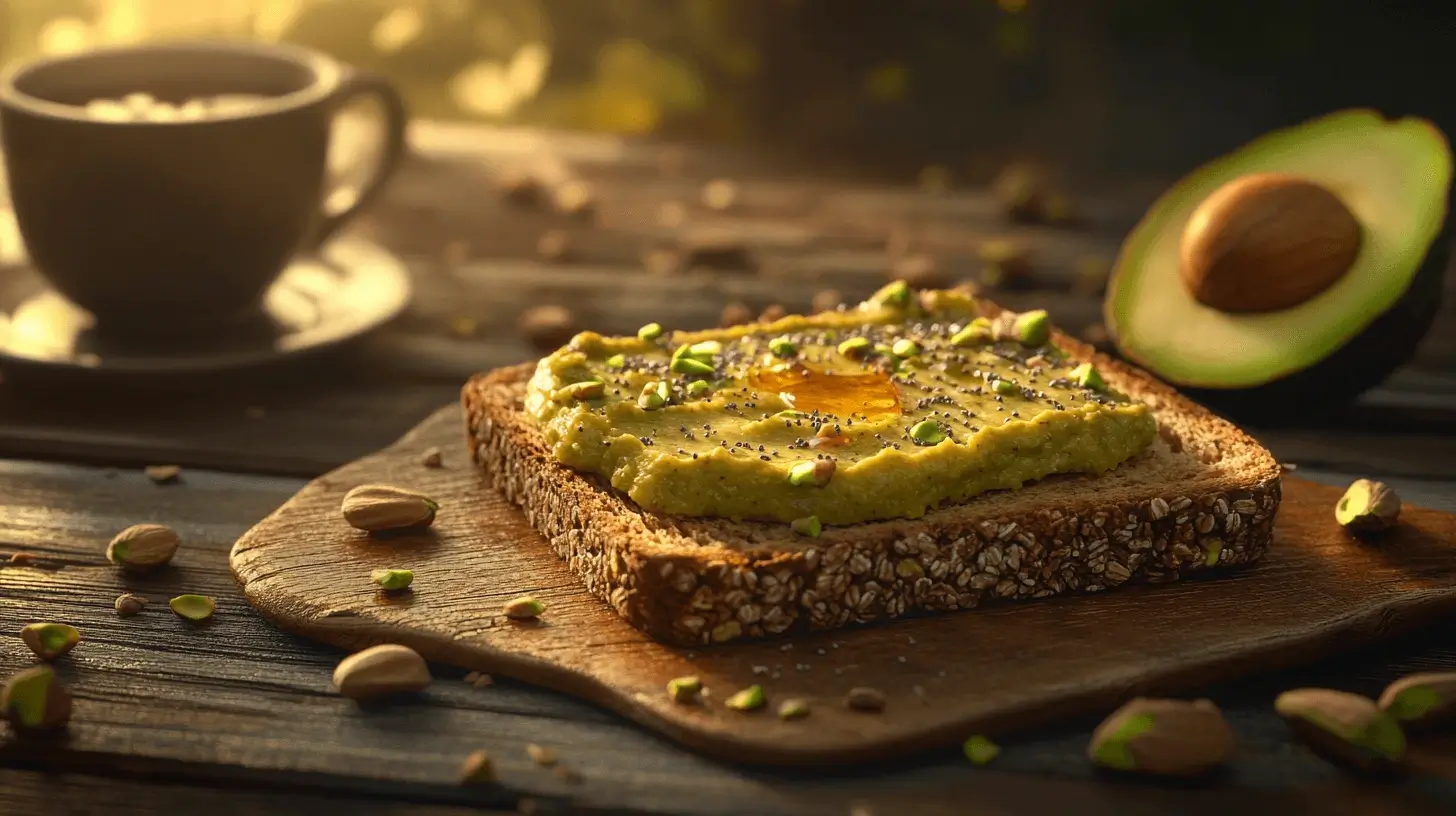 Toast with pistachio butter and chia seeds, accompanied by a cup of coffee and scattered pistachios.