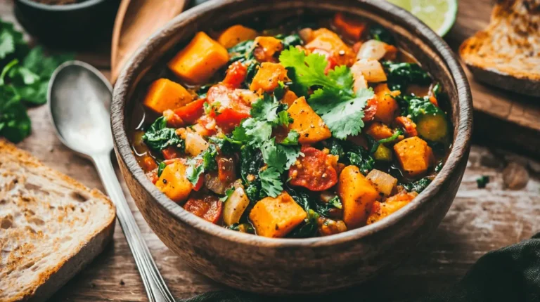 A bowl of vibrant healthy breakfast curry filled with sweet potatoes, spinach, tomatoes, and fresh cilantro, served with a slice of toasted bread.