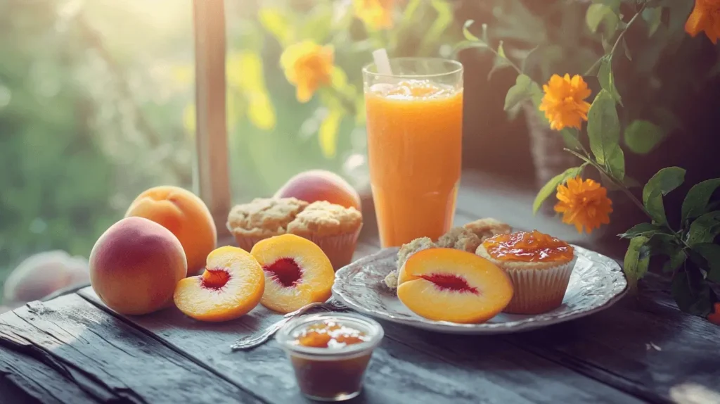 A beautiful peach breakfast setup featuring peach halves, muffins with peach jam, and a glass of peach juice, surrounded by vibrant orange flowers on a wooden table in the morning sunlight.