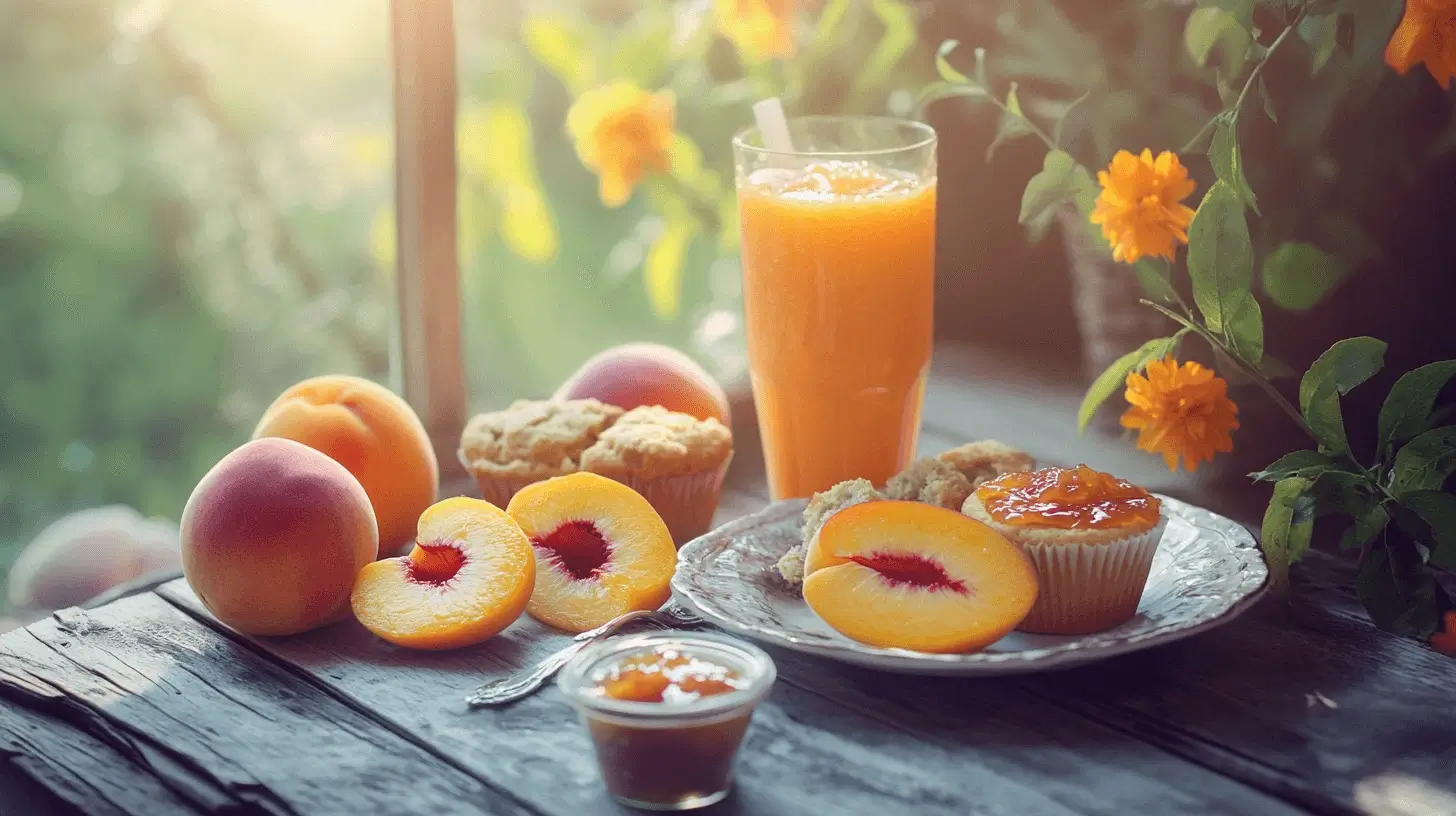 A beautiful peach breakfast setup featuring peach halves, muffins with peach jam, and a glass of peach juice, surrounded by vibrant orange flowers on a wooden table in the morning sunlight.