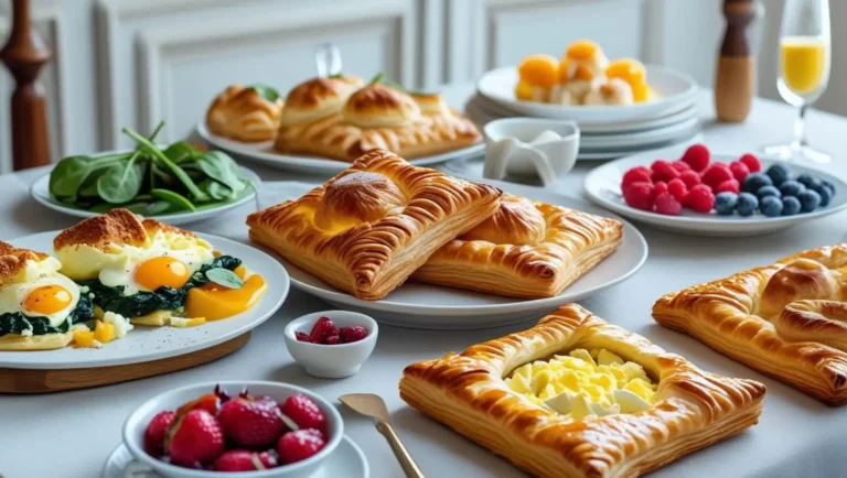Puff pastry breakfast squares served with fresh fruits, including strawberries, raspberries, and blueberries.