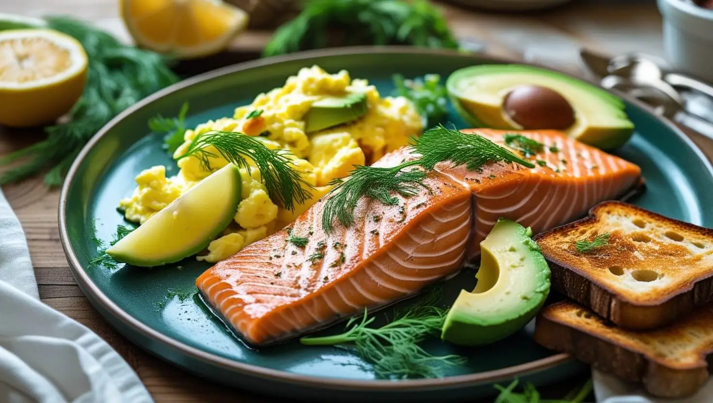 Healthy and delicious Salmon Breakfast with scrambled eggs, avocado slices, and crispy toast, garnished with dill and lemon.