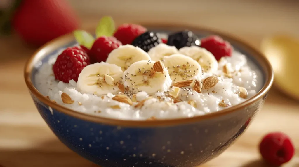 A bowl of breakfast rice topped with fresh strawberries, blueberries, banana slices, and chia seeds, garnished with pomegranate seeds and nuts, placed on a rustic wooden table.