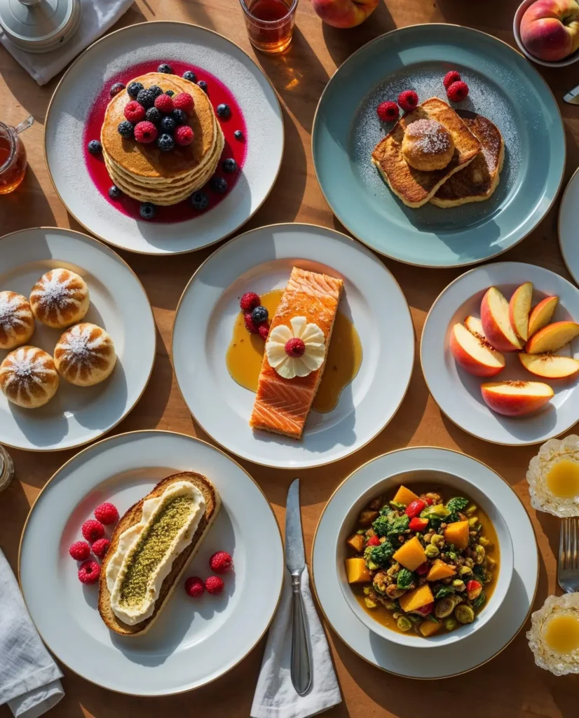 A vibrant breakfast spread with sweet and savory dishes, including pancakes, salmon, puff pastries, and more for breakfast ideas.