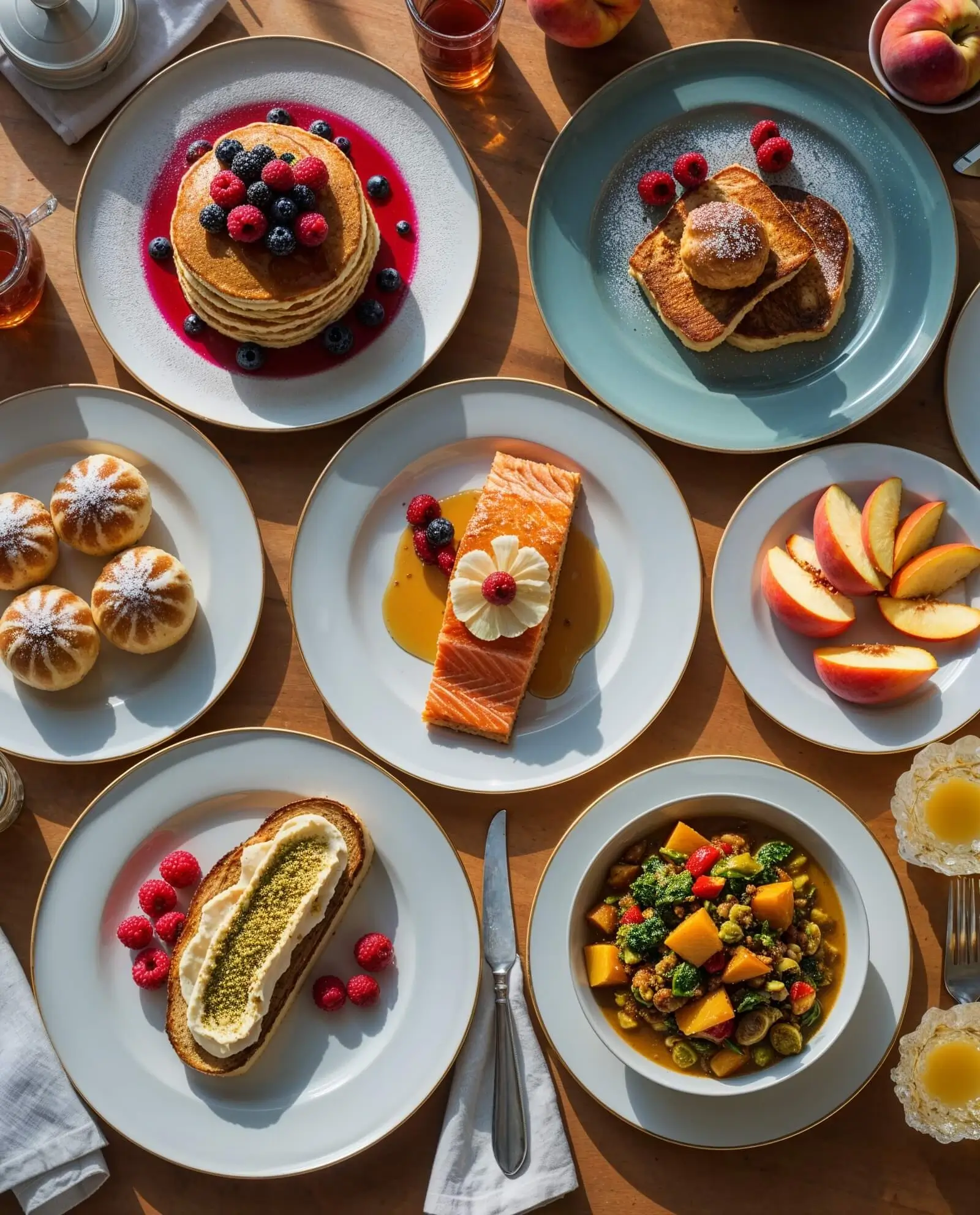A vibrant breakfast spread with sweet and savory dishes, including pancakes, salmon, puff pastries, and more for breakfast ideas.