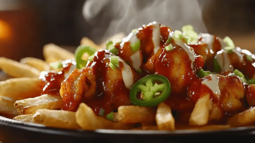 A plate of crispy golden fries topped with spicy, glazed chicken, melted cheese, fresh jalapeños, and a drizzle of sour cream, served hot and steaming.