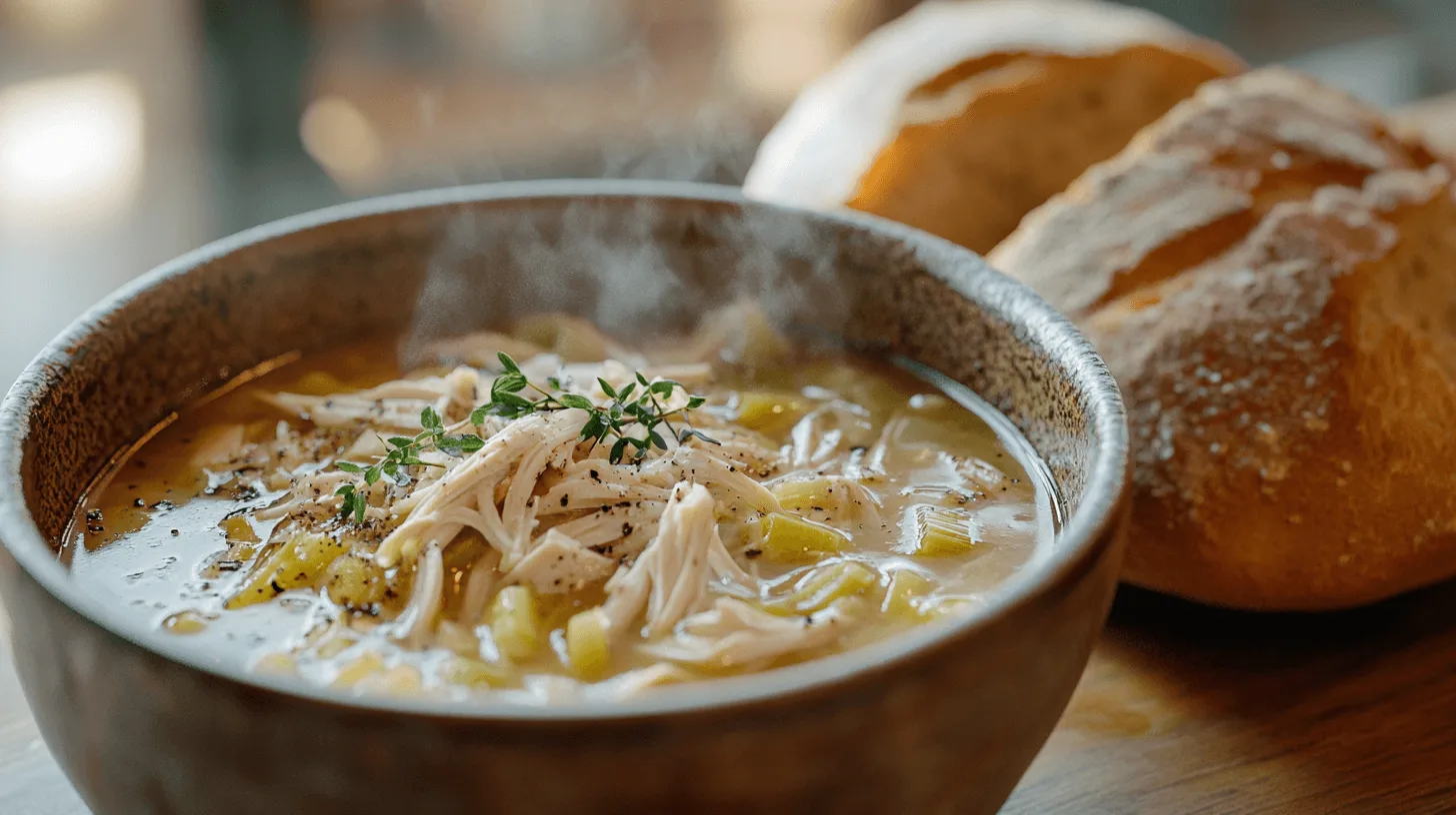 A steaming bowl of homemade chicken and leek soup with tender shredded chicken, soft leeks, and a rich golden broth, garnished with fresh thyme and black pepper, served with crusty bread.