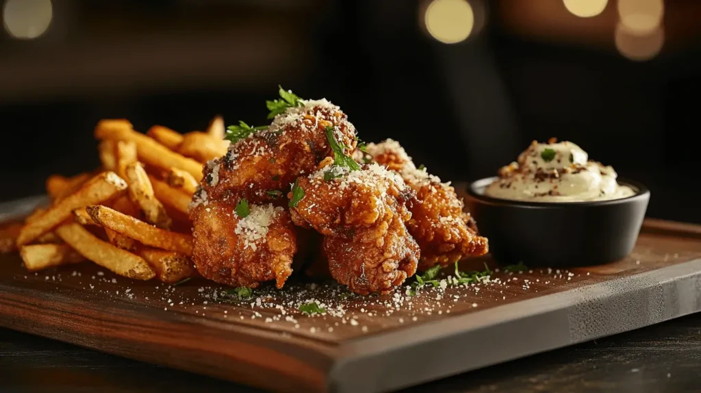 A gourmet plate of crispy fried chicken served with golden truffle fries, garnished with parmesan and parsley, alongside a creamy truffle aioli dip.
