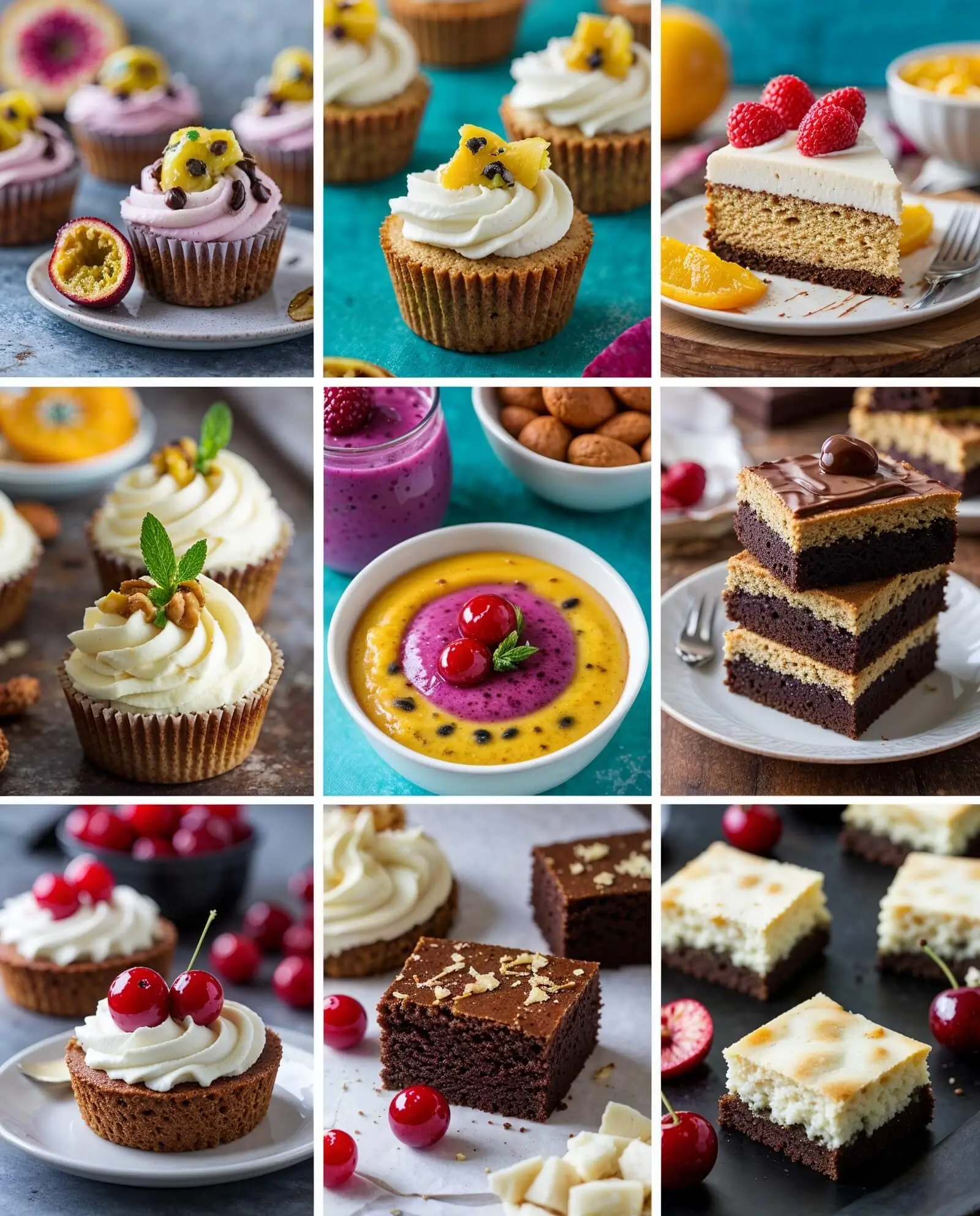 A selection of sweet Dessert Ideas including cupcakes, cheesecakes, and creamy smoothies topped with fresh fruit and garnished with cream.
