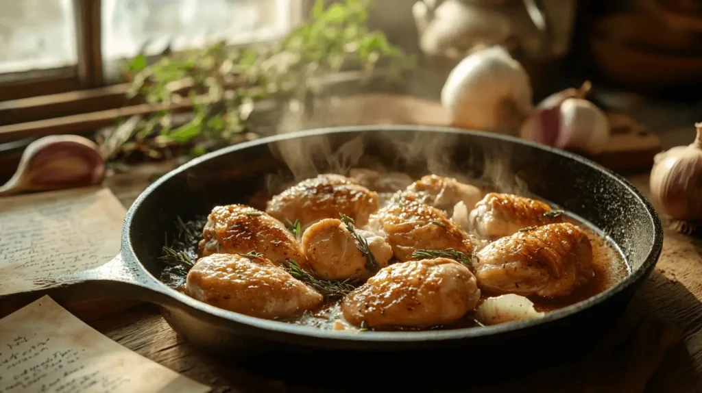 A rustic skillet with golden-brown chicken pieces simmering in a rich, aromatic broth, surrounded by fresh herbs and vintage recipe cards on a wooden countertop.