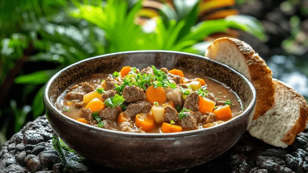 A hearty bowl of Hawaiian beef stew with tender beef, colorful vegetables, and a rich, savory broth, served with rice.