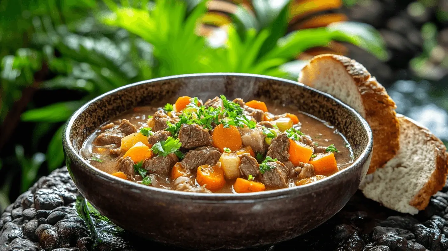 A hearty bowl of Hawaiian beef stew with tender beef, colorful vegetables, and a rich, savory broth, served with rice.