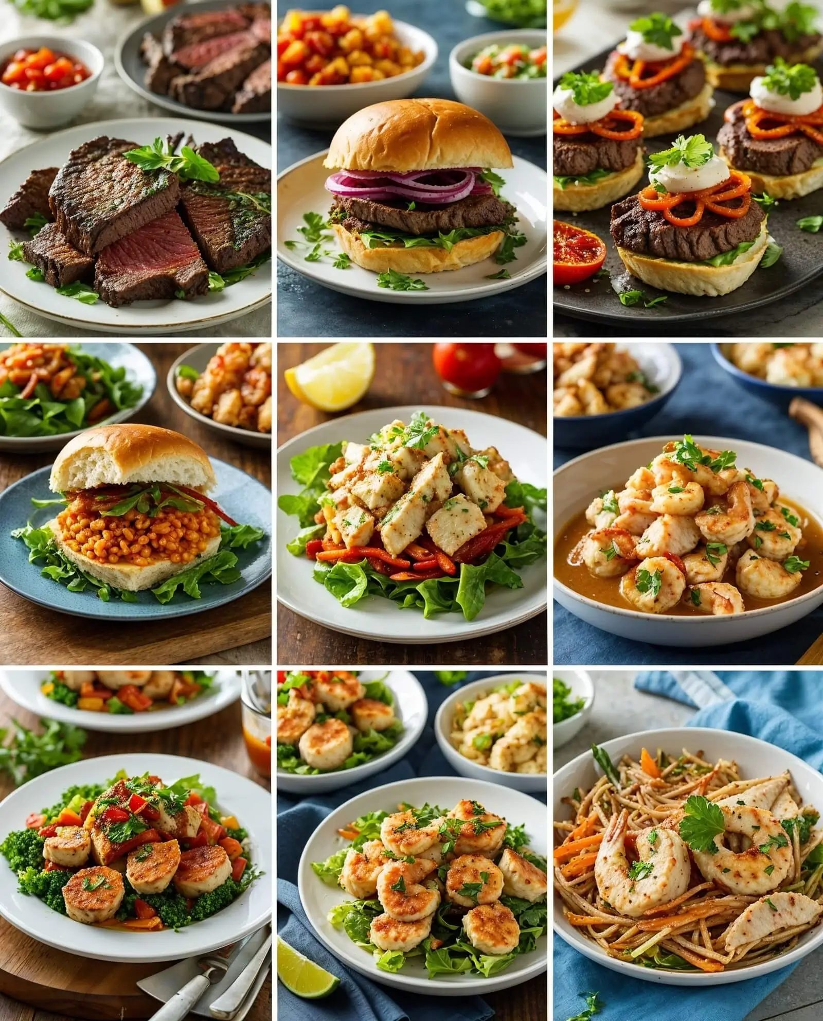A variety of lunch ideas featuring grilled meats, burgers, shrimp, and fresh vegetables, served with greens, legumes, and garnished with herbs