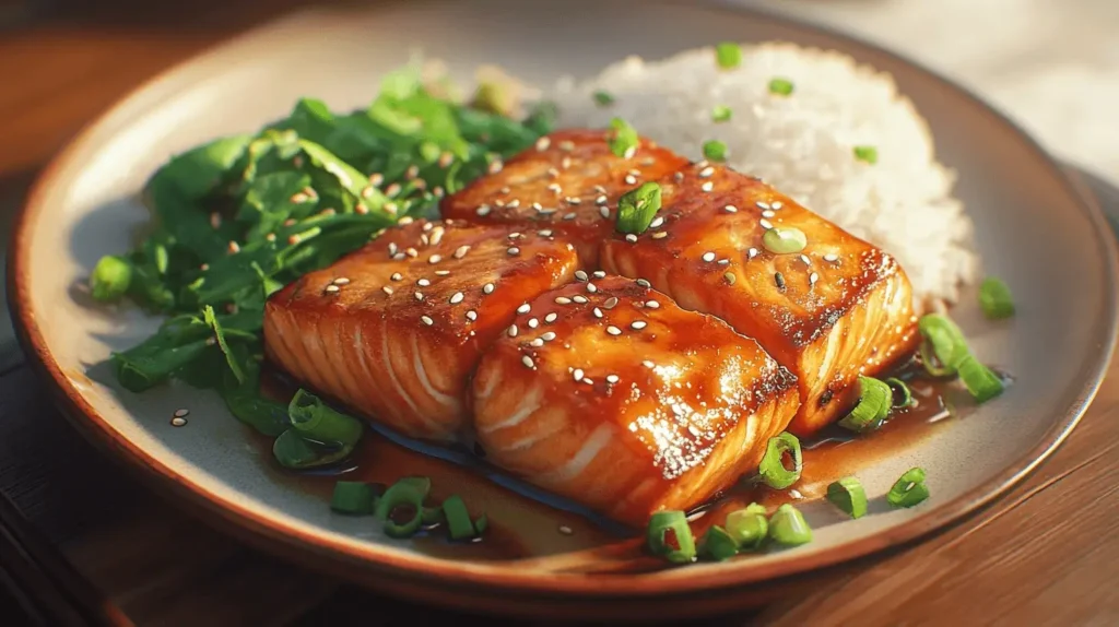 Crispy pan-seared salmon belly Recipe served with rice, garnished with sesame seeds and scallions.