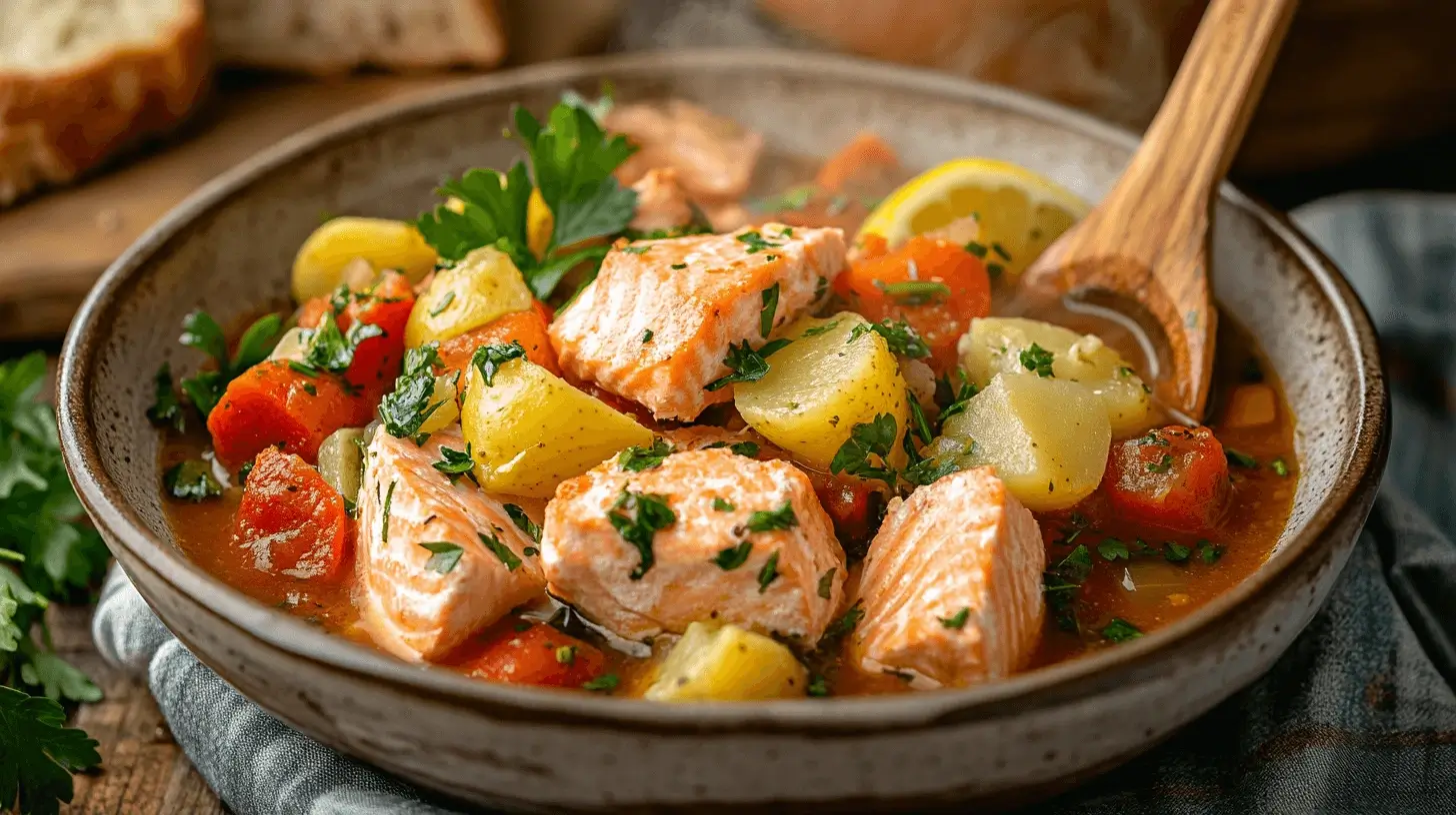 A bowl of hearty salmon stew recipe with tender salmon chunks, potatoes, carrots, and a rich broth, garnished with fresh parsley and served with crusty bread.
