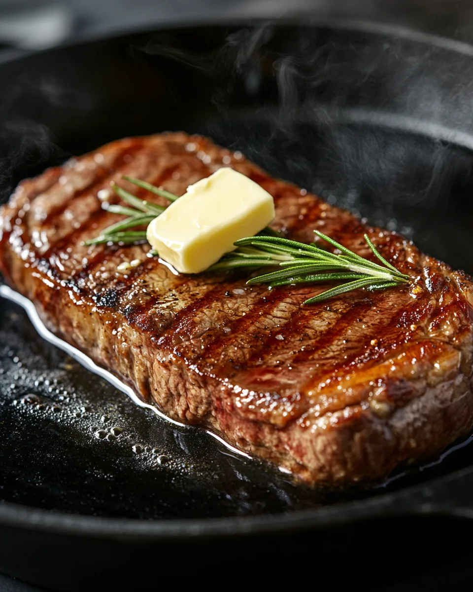 Juicy and perfectly seared sirloin strip steak on a cast-iron skillet, garnished with rosemary and melting butter.