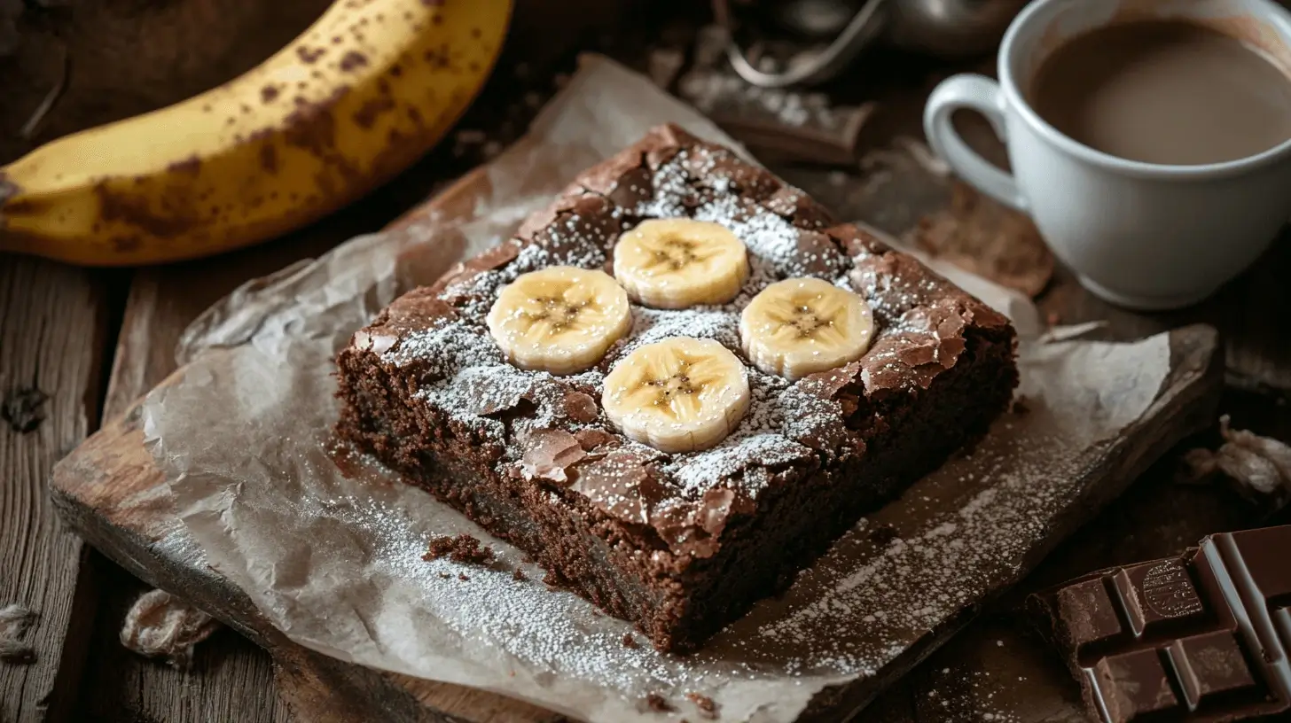 Freshly baked banana brownies topped with chocolate chips and banana slices.