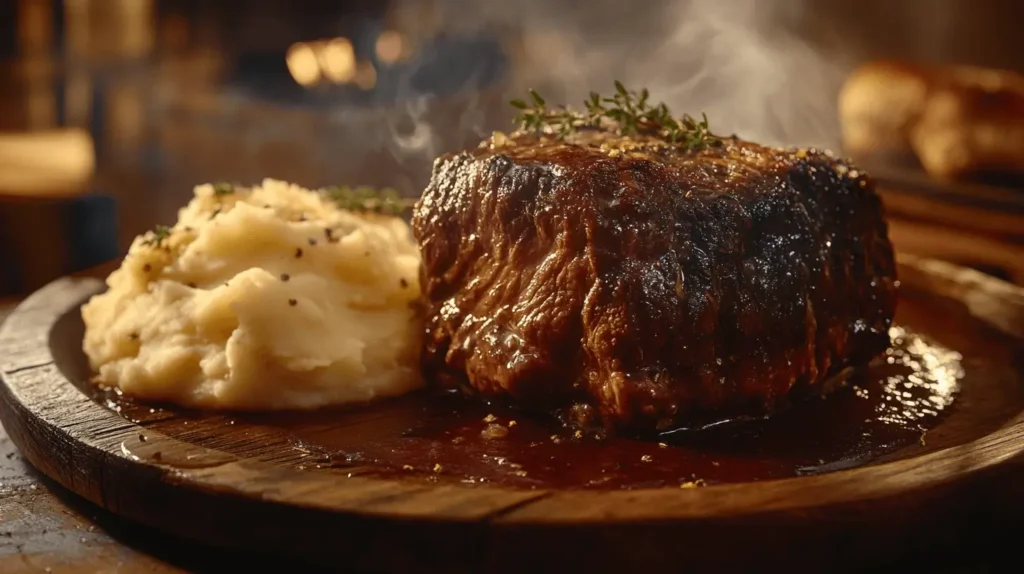 Close-up of slow-braised beef cheek meat with a rich glaze, served with mashed potatoes and garnished with fresh thyme.