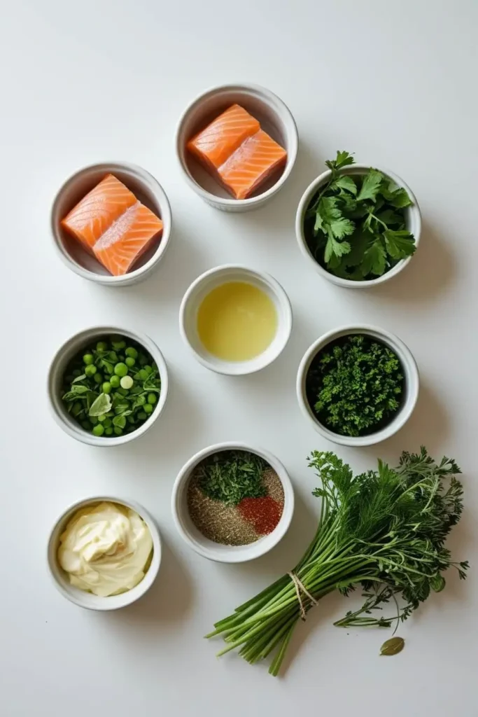 A selection of ingredients including canned salmon, eggs, breadcrumbs, and seasonings, arranged on a kitchen countertop.