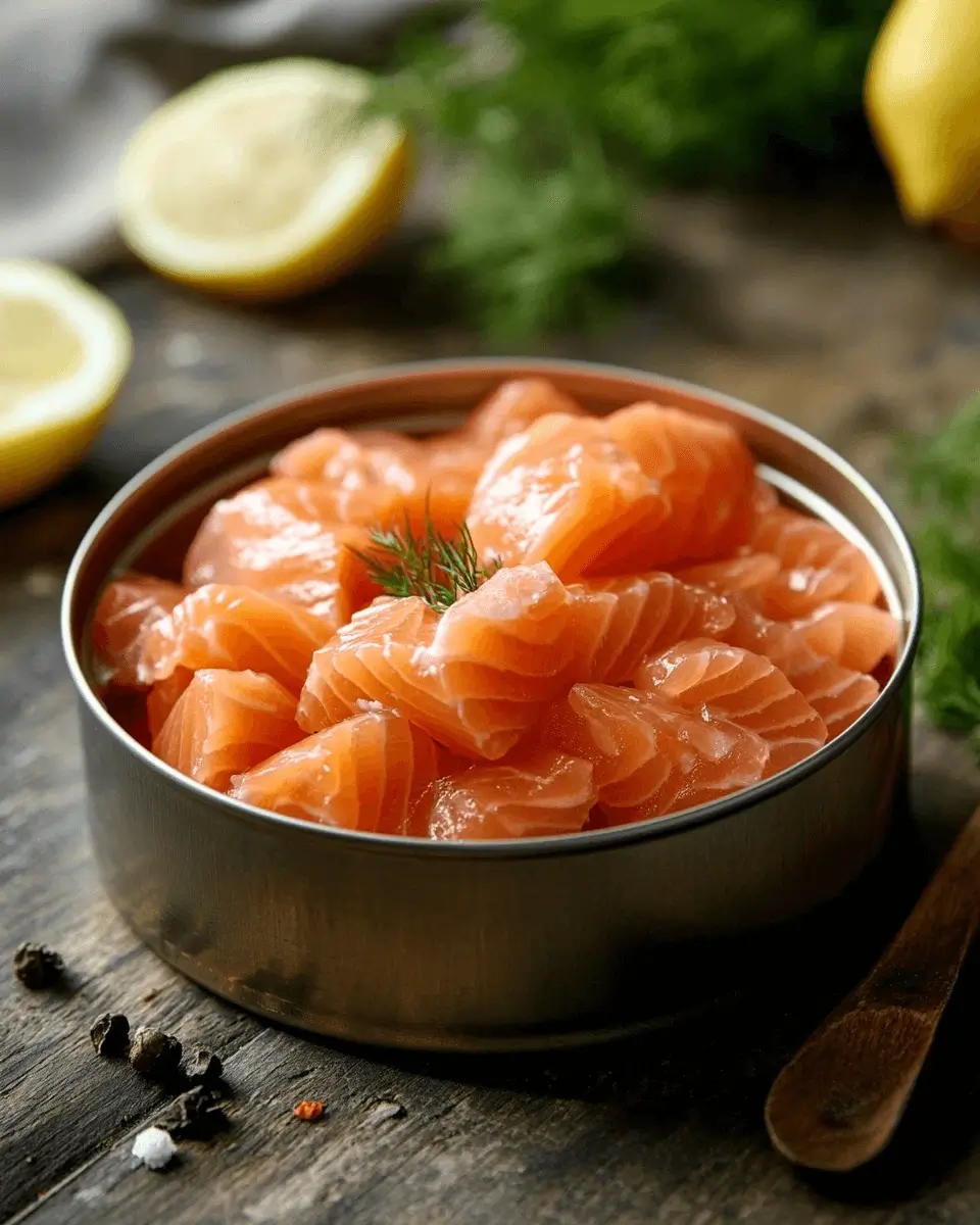 Canned salmon with a silver pull-tab lid, sitting on a wooden surface, showing its brand label and contents.