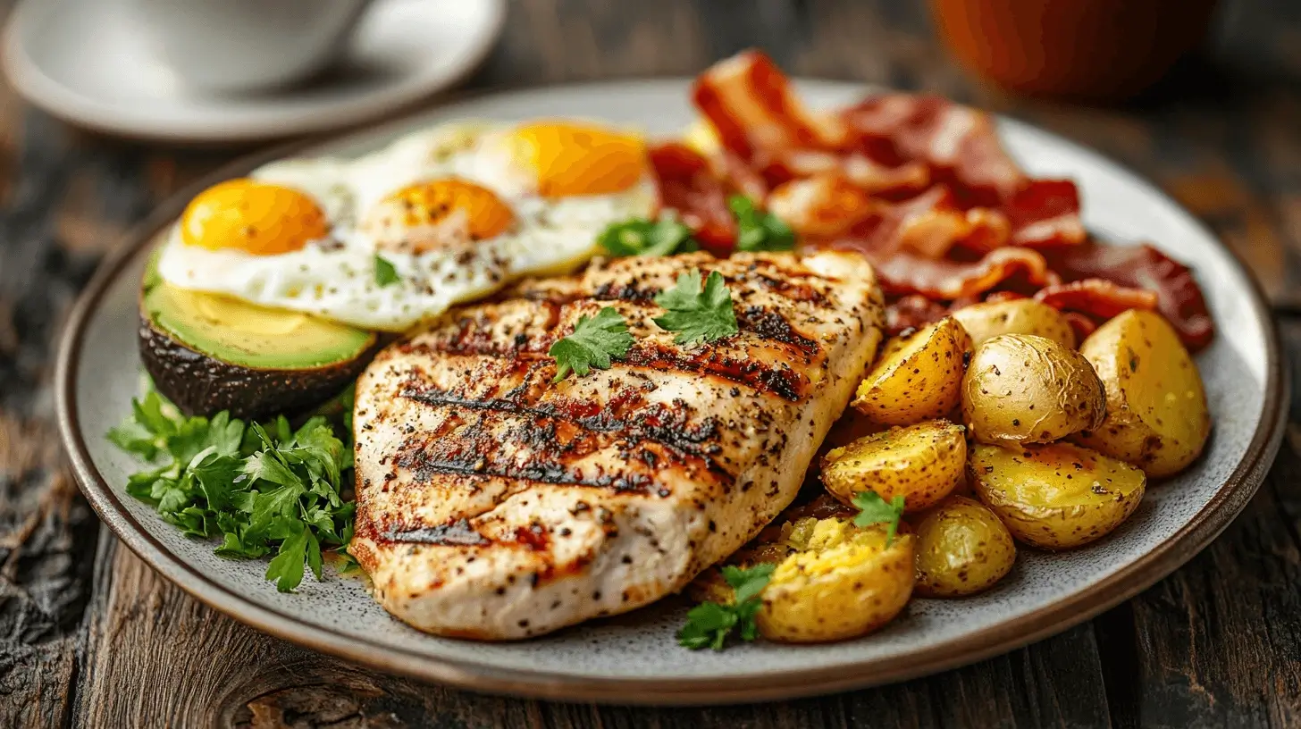 Plate of savory chicken breakfast with grilled chicken slices, sautéed vegetables, avocado, and fresh herbs.
